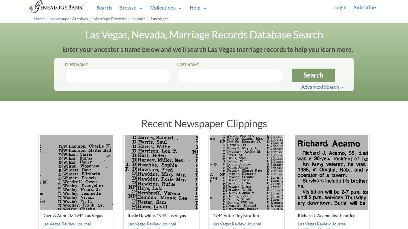 Las Vegas, Nevada, Marriage Records Online Search - GenealogyBank
